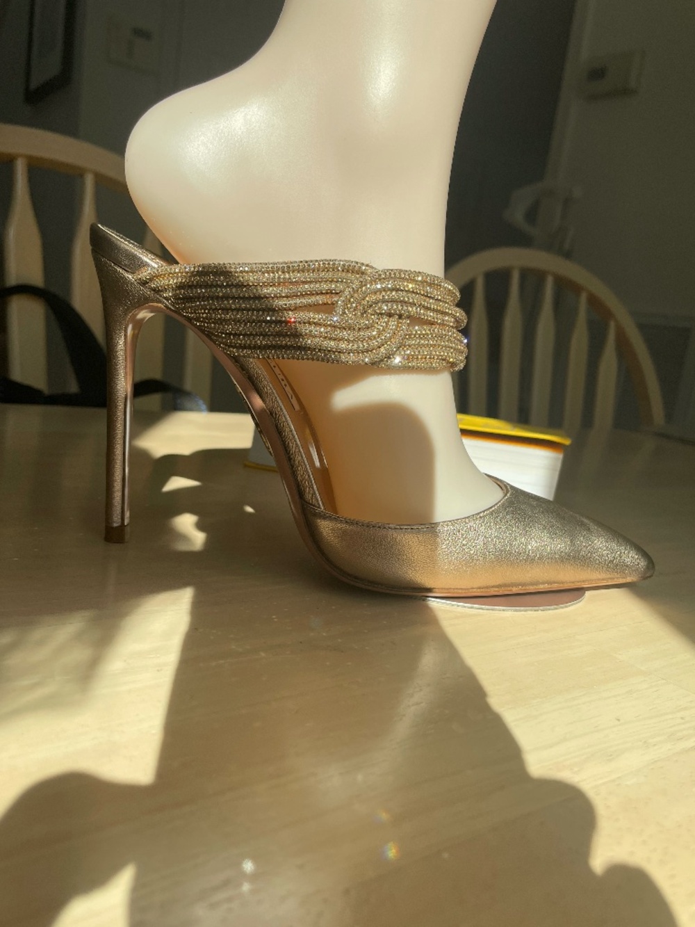 Aquazzura 105 Embellished Gold Metallic Leather Mule
